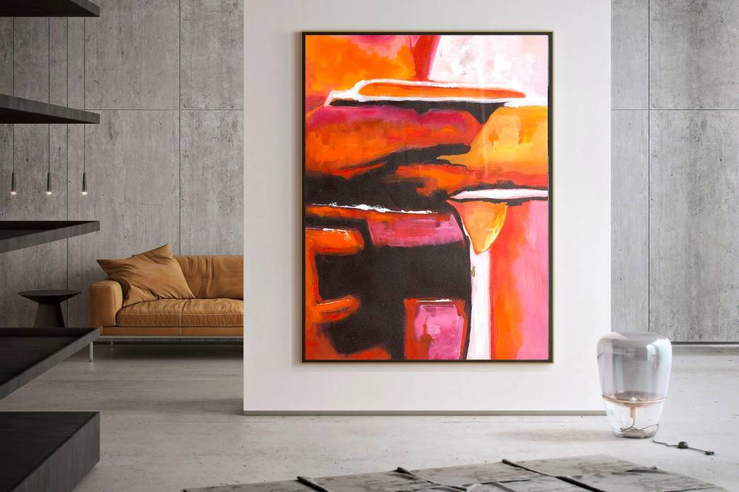 Red Hand-painted Handmade Hallway Orange White Abstract Canvas Artwork 3HO2P